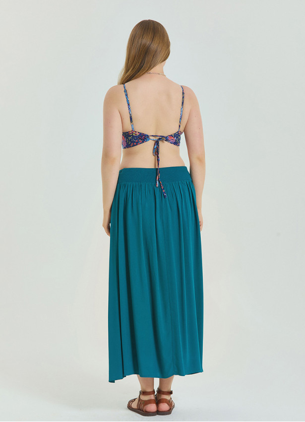 Elastic Waist Drape Detailed Petrol Plus Size Skirt 4601